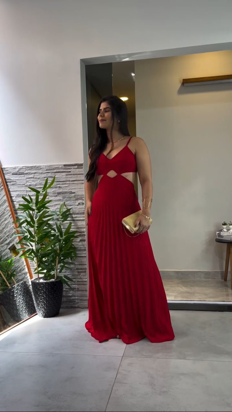 Vestido Plissado - Vermelho Longo