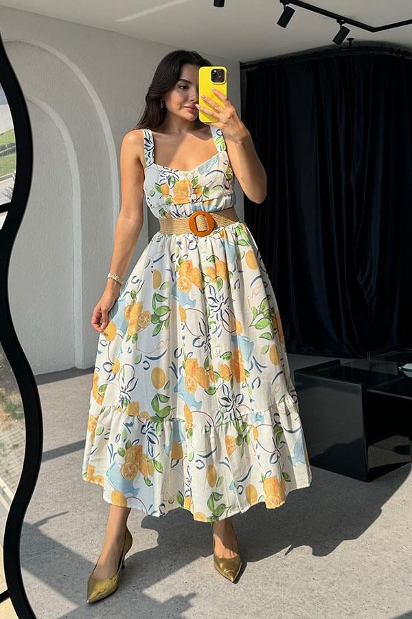 Vestido de alça grossa com estampa de frutas