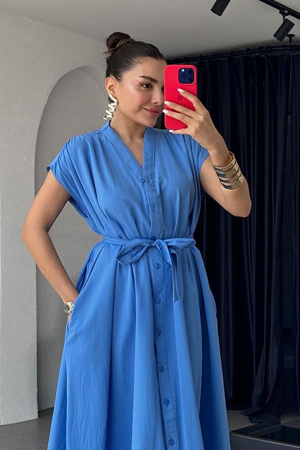 Vestido Longo com Bolsos - Azul