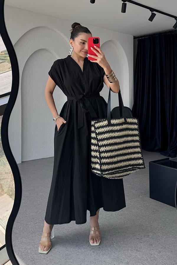 Vestido Longo com Bolsos - Preto