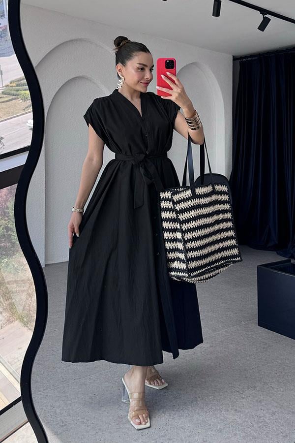 Vestido Longo com Bolsos - Preto