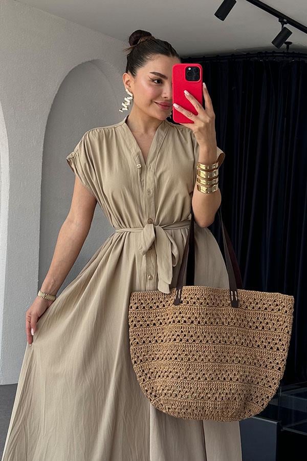 Vestido Longo com Bolsos - Bege