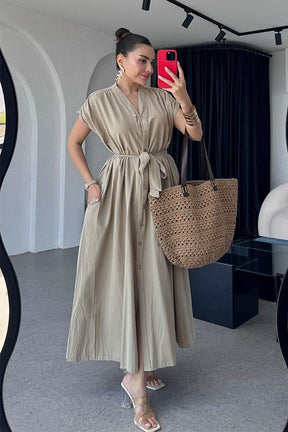 Vestido Longo com Bolsos - Bege