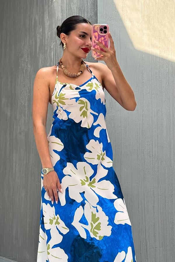 Vestido Estampado Flor  - Azul