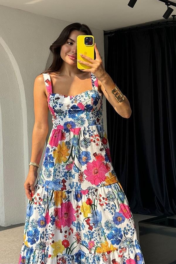 Vestido Rosa Floral com Alças Grossas