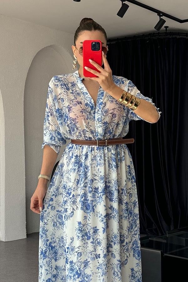 Vestido Floral Azul  com Cinto