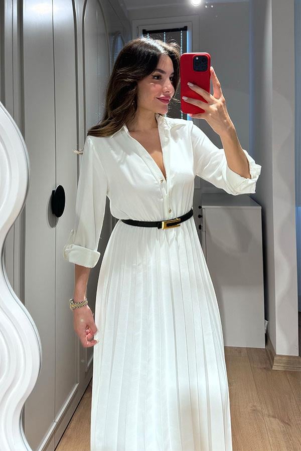 Vestido Plissado com Cinto - Branco