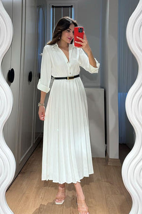 Vestido Plissado com Cinto - Branco