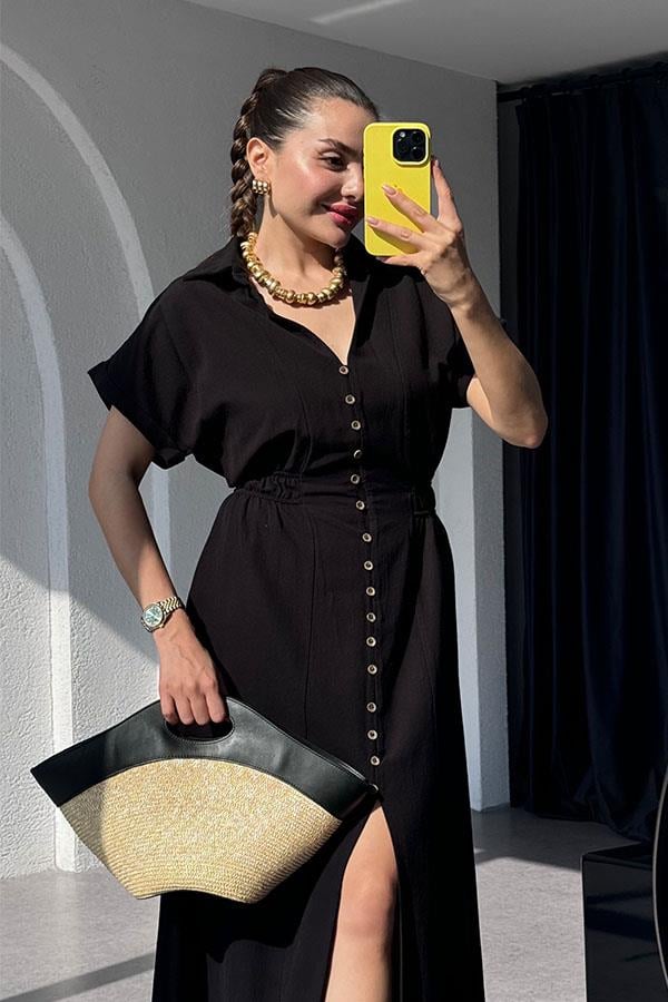 Vestido Longo Botões - Preto